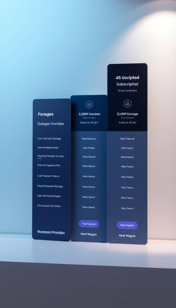 Elegant and modern pricing table showcasing Hoxtoon Provider's subscription plans. Set against a minimalist background with soft lighting, the plans are displayed on sleek cards with clean typography and subtle brand elements. Highlight the core features, storage, and pricing for each tier, creating a visually appealing and informative layout that aligns with the Hoxtoon brand identity.