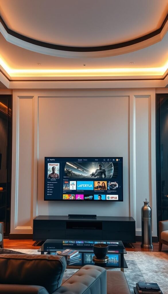 Elegant and sophisticated interior of a modern living room, with a large flat-screen TV prominently displayed. The TV screen showcases the Hoxtoon Provider IPTV service interface, featuring a sleek and intuitive user experience with a variety of premium content channels. Warm, soft lighting illuminates the space, creating a cozy and inviting atmosphere. The room is tastefully decorated with contemporary furniture and accents, reflecting the premium nature of the IPTV service. The overall scene conveys a sense of luxury, comfort, and the seamless integration of technology into the home environment.