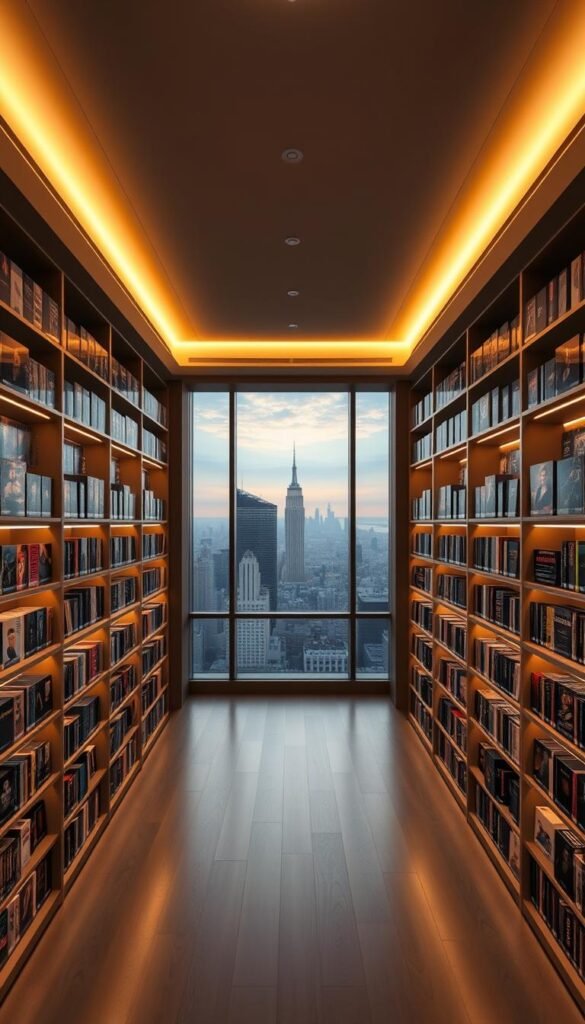 Elegant and sophisticated interior of the Hoxtoon Provider content library. A vast and visually stunning collection of high-definition films, shows, and live TV channels. Centered in the frame, rows of sleek, backlit shelves display an array of premium content. Soft, warm lighting bathes the space, creating a cozy and inviting atmosphere. In the background, a large window offers a scenic view of a bustling city skyline. The overall design is minimalist yet refined, showcasing Hoxtoon's commitment to quality and attention to detail.