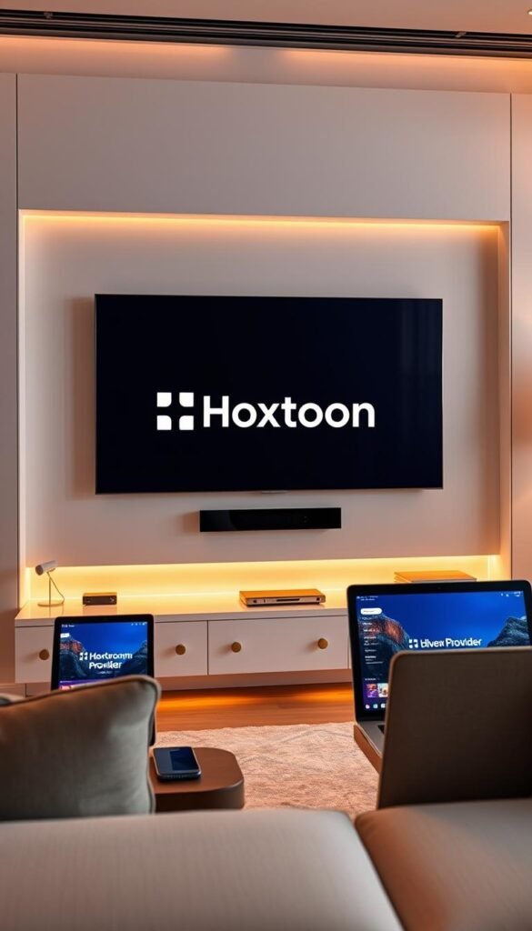 Elegant modern interior, sleek entertainment center with multiple devices - smart TV, tablet, smartphone, laptop - all seamlessly connected. Warm lighting illuminates the setup, highlighting the Hoxtoon Provider brand prominently displayed. Smooth textures, clean lines, and a minimalist aesthetic convey a sense of sophisticated technology and user-friendly multi-device compatibility. The scene evokes a comfortable, tech-savvy living space where content can be accessed and shared across various screens.
