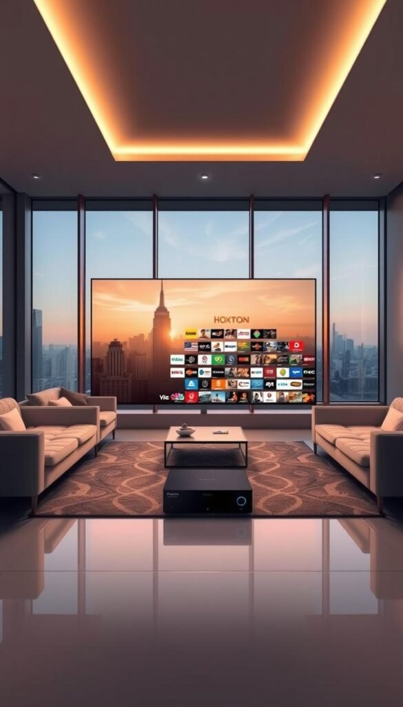 Elegant modern interior with minimalist furniture, large windows overlooking a city skyline, soft lighting highlighting the sleek design. In the center, a Hoxtoon Provider device prominently displayed, with a vast array of IPTV channels visible on the screen. The atmosphere exudes sophistication, showcasing the breadth and quality of Hoxtoon's extensive 21,000+ channel library. A sense of technology and connectivity pervades the scene, reflecting the convenience and versatility of the IPTV service.