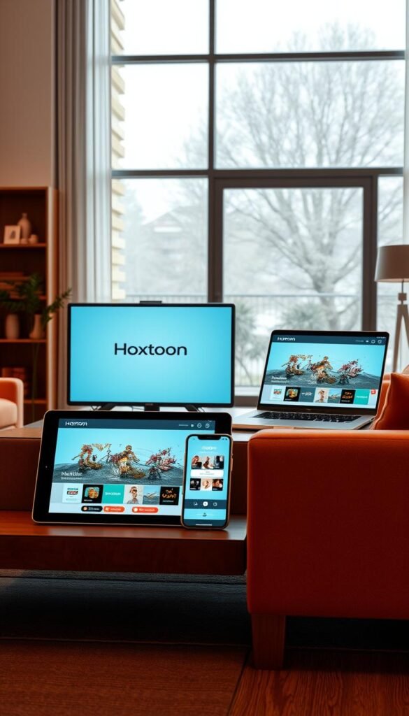 Elegant modern interior with multiple electronic devices showcasing the Hoxtoon Provider platform. Sleek mid-century furniture in warm tones, large windows providing natural light. Tablet, laptop, and smartphone prominently displayed, each running the Hoxtoon app interface. Soft, indirect lighting creates a cozy, inviting atmosphere. Emphasis on the versatility and cross-device compatibility of the Hoxtoon streaming service. High-quality, photorealistic rendering with a focus on harmonious design and technological integration.