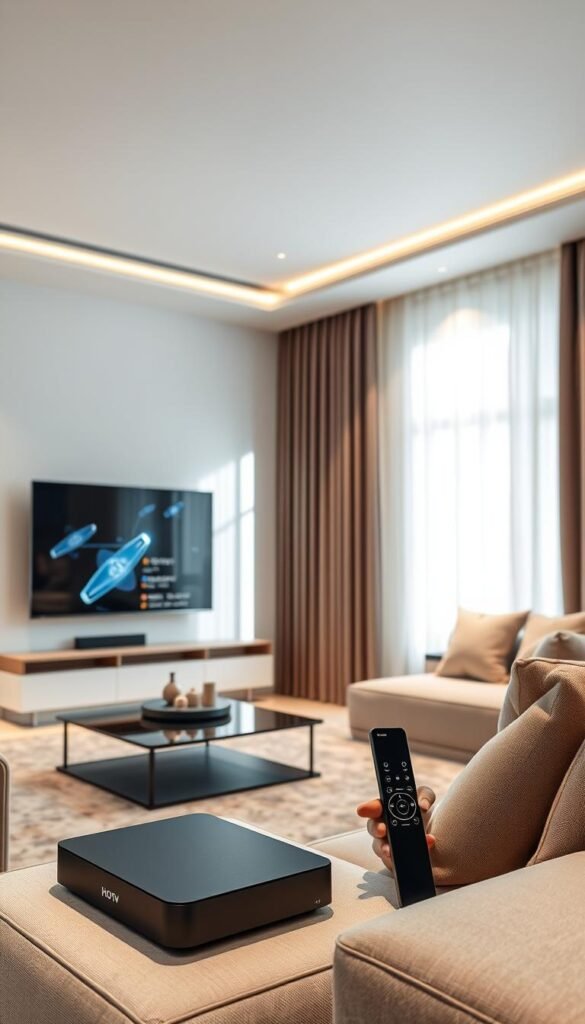 Elegant modern living room with sleek IPTV setup, featuring a Hoxtoon Provider media box, smart TV, and advanced remote control. Soft diffused lighting illuminates the space, creating a cozy and inviting atmosphere. The overall scene conveys the evolution of television entertainment, blending cutting-edge technology with a minimalist, high-end aesthetic. Subtle hints of futuristic elements, such as holographic interface or voice control, suggest the seamless integration of IPTV into the contemporary home environment.