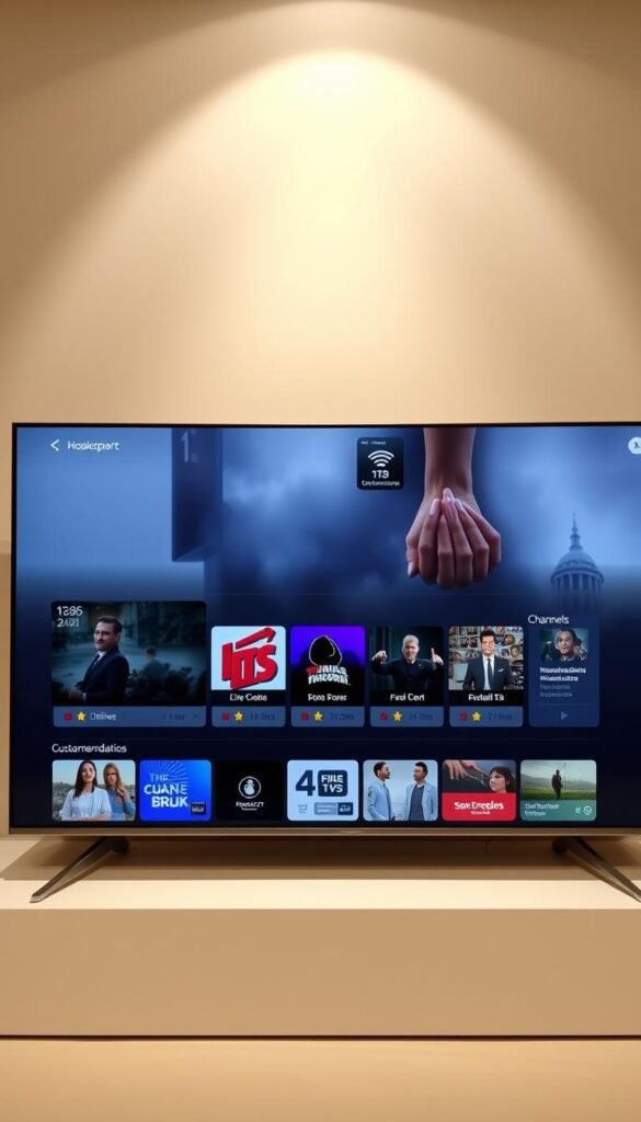 Elegant, user-friendly IPTV interface designed by Hoxtoon Provider. A minimalist layout with clean lines and intuitive navigation. Large, high-quality thumbnails of live channels and on-demand content fill the foreground, inviting the viewer to explore. The middle ground features sleek, customizable widgets displaying program details, recommendations, and playback controls. The background has a subtle, gradient-based color scheme that enhances the overall aesthetic. Soft, ambient lighting creates a warm, inviting atmosphere. The interface is captured from a slightly high angle, emphasizing its streamlined, modern appearance.