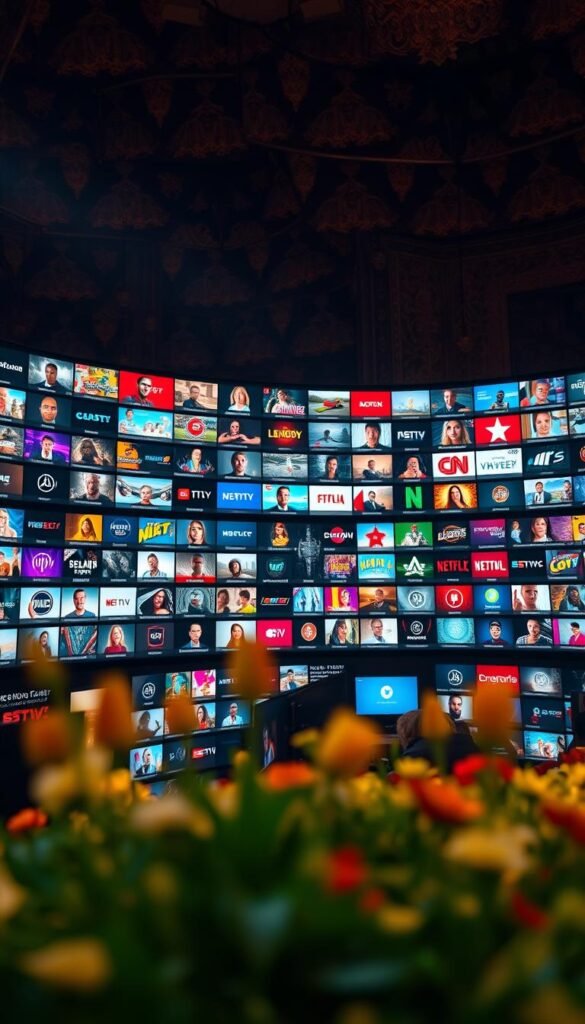 Expansive channel lineup of the Hoxtoon Provider, showcasing a vast, vibrant, and meticulously curated selection of over 21,000 channels in stunning 8K resolution. An immersive visual experience, with a seamless blend of foreground elements showcasing the diverse programming and content available, set against a detailed, richly textured background that conveys the sheer scale and depth of the Hoxtoon ecosystem. Utilize a cinematic, wide-angle lens to capture the grandeur, with warm, natural lighting that accentuates the vivid colors and sharp details. Imbue the scene with a sense of excitement and exploration, inviting the viewer to delve into the unparalleled content library of the Hoxtoon Provider.