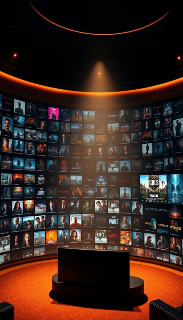 Expansive on-demand entertainment library, showcasing the Hoxtoon Provider's vast VOD collection. A sleek, futuristic interface displays rows of high-quality movie and TV show thumbnails against a moody, softly-lit background. Warm, cinematic lighting casts dramatic shadows, creating a premium, theater-like ambiance. The interface is designed with clean lines and intuitive navigation, inviting the viewer to explore the Hoxtoon's impressive VOD universe. Prominent Hoxtoon Provider branding subtly integrated into the design. A sense of depth and scale conveys the sheer breadth of content available.