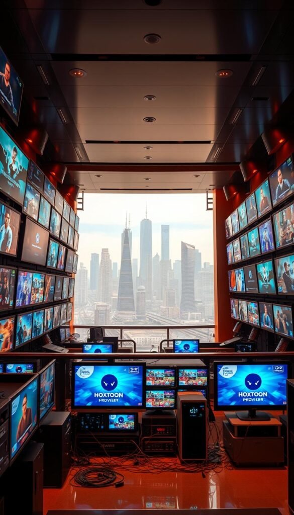 Extensive IPTV channels: a vast panoramic view of a modern media hub. In the foreground, rows of gleaming screens display a diverse array of live TV channels, each one offering a unique window into a world of entertainment. The middle ground features sleek, high-tech equipment, cables, and servers emblazoned with the Hoxtoon Provider logo, hinting at the powerful infrastructure powering this expansive content library. The background is a serene, futuristic cityscape, with skyscrapers and digital billboards, creating a sense of scale and technological advancement. Warm, diffused lighting bathes the scene, lending an air of sophistication and professionalism. The overall atmosphere evokes a sense of limitless possibilities and a premium, state-of-the-art IPTV experience.