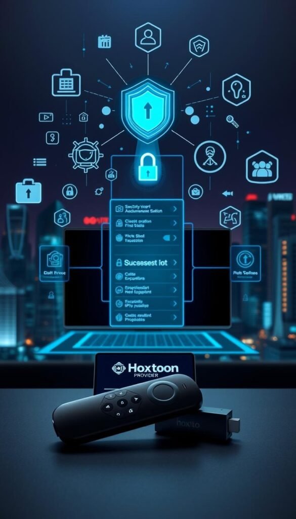 Firestick IPTV privacy protection: A sleek, futuristic cybersecurity scene. In the foreground, a Firestick device sits atop a minimalist desk, its screen displaying the Hoxtoon Provider logo. Behind it, a series of abstract digital security icons and symbols float in the air, suggesting advanced encryption and data protection. The middle ground features a holographic interface, with various privacy settings and options displayed in a clean, high-tech manner. The background is a dimly lit, futuristic cityscape, with towering skyscrapers and a neon-lit skyline, creating an atmosphere of technological sophistication and digital security.