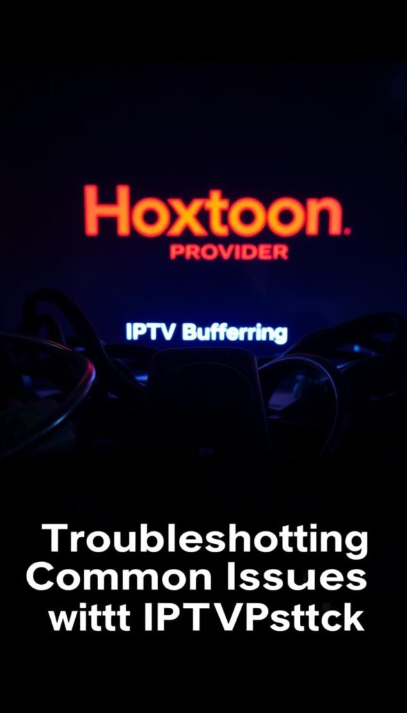 Firestick device surrounded by a tangled mess of cables, with a glowing "IPTV Buffering" error message displayed on the screen. The lighting is dim and moody, creating a sense of frustration and annoyance. In the background, a blurred image of the "Hoxtoon Provider" logo can be seen, hinting at the source of the IPTV service. The overall composition emphasizes the technical difficulties and challenges faced by the user, setting the stage for the "Troubleshooting Common Issues with IPTV on Firestick" section of the article.