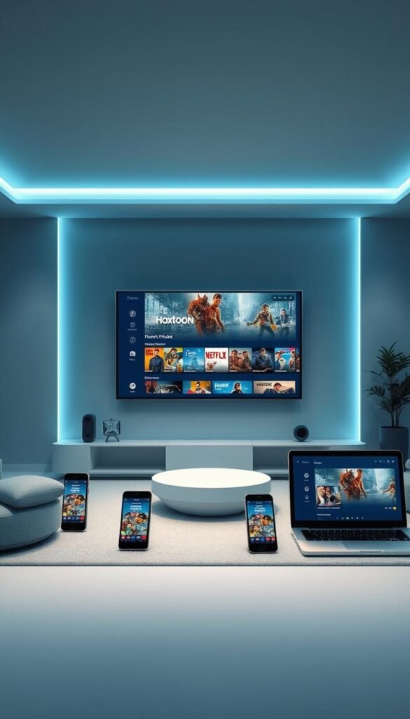 Futuristic digital display showcasing Hoxtoon Provider's multi-device support capabilities. The scene depicts a sleek, minimalist home interior with a large flatscreen TV at the center, surrounded by various mobile devices - smartphones, tablets, and a laptop - all connected and displaying the Hoxtoon Provider interface. Soft, cool-toned lighting illuminates the space, highlighting the seamless integration of technology. The overall composition conveys a sense of advanced, user-friendly connectivity and the convenience of accessing Hoxtoon's extensive entertainment library across multiple devices simultaneously.