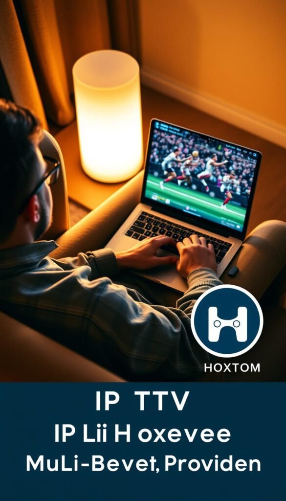 High-angle view of a person sitting on a couch or armchair, laptop open and focused on a live sports event streaming on the screen. Bright, warm lighting illuminates the scene, creating a cozy, immersive atmosphere. The Hoxtoon Provider logo is prominently displayed in the bottom right corner, indicating the availability of the IPTV service for multi-device support. The viewer's expression is one of engagement and enjoyment, reflecting the seamless and convenient experience of watching live sports online.