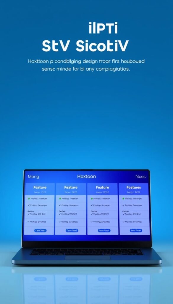 High-quality 3D render of IPTV subscription plans for the Hoxtoon Provider, with a clean, modern layout and soft lighting. The foreground features a grid of plan options with clear pricing, features, and device compatibility details. The middle ground showcases a laptop or tablet device displaying the Hoxtoon streaming interface. The background has a subtle gradient in shades of blue, conveying a professional, tech-forward atmosphere. The overall image should feel visually appealing, informative, and representative of the premium IPTV service.