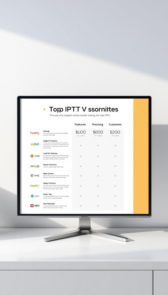 High-quality 3D render of a minimalist infographic comparing the top IPTV services, including Hoxtoon Provider, displayed on a modern monitor against a clean white background with soft lighting from the left. The infographic shows key features, pricing, and customer ratings for each service in a clear, organized layout. The overall design is sleek, professional, and easy to read, providing a comprehensive visual overview of the IPTV market.