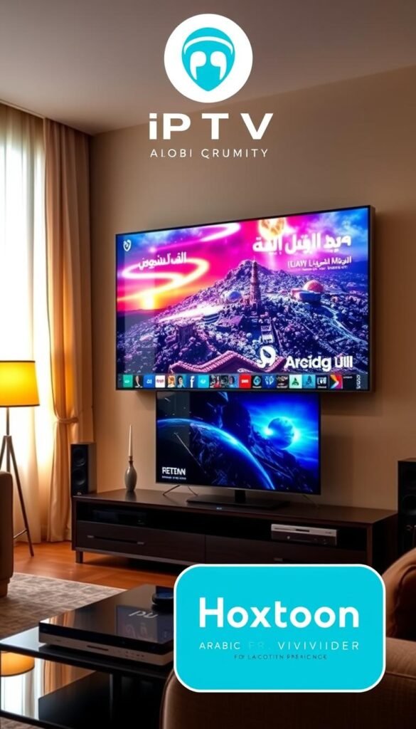 High-quality Arabic IPTV streaming with vibrant colors, sharp details, and smooth playback. A large living room TV displaying a crystal-clear video feed, surrounded by sleek media equipment. Warm lighting casts a cozy ambiance, while the Hoxtoon Provider logo prominently showcases the service. The scene conveys a premium entertainment experience, with advanced technical specifications enabling reliable, high-definition streaming for a diverse library of Arabic content.