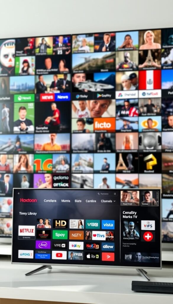 High-quality IPTV channels presented by Hoxtoon Provider, showcasing a diverse library of over 21,000 live TV streams from around the world. Detailed scenes depict a comprehensive content selection, including news, sports, movies, documentaries, and international programming, all in stunning HD resolution. The foreground features a sleek, modern interface displaying channel logos and program information, while the background showcases a seamless grid of live video feeds, conveying the breadth and depth of the platform. Soft, natural lighting and a clean, minimalist aesthetic create a premium, immersive viewing experience.