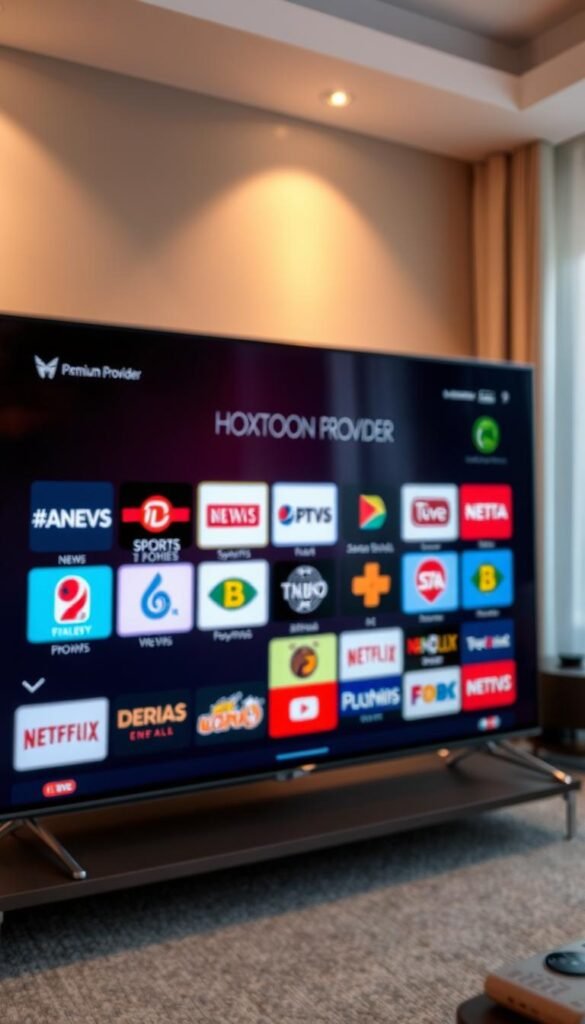 High-quality IPTV channels streaming on a modern, sleek television screen. In the foreground, a Hoxtoon Provider logo is prominently displayed, highlighting the service's premium offering. The middle ground features a variety of channel logos, ranging from news and sports to movies and entertainment, all rendered in vivid, lifelike detail. The background is a softly blurred living room setting, with warm, ambient lighting casting a cozy atmosphere. The overall composition conveys a sense of convenience, reliability, and high-end entertainment experience that Hoxtoon Provider delivers to its customers.