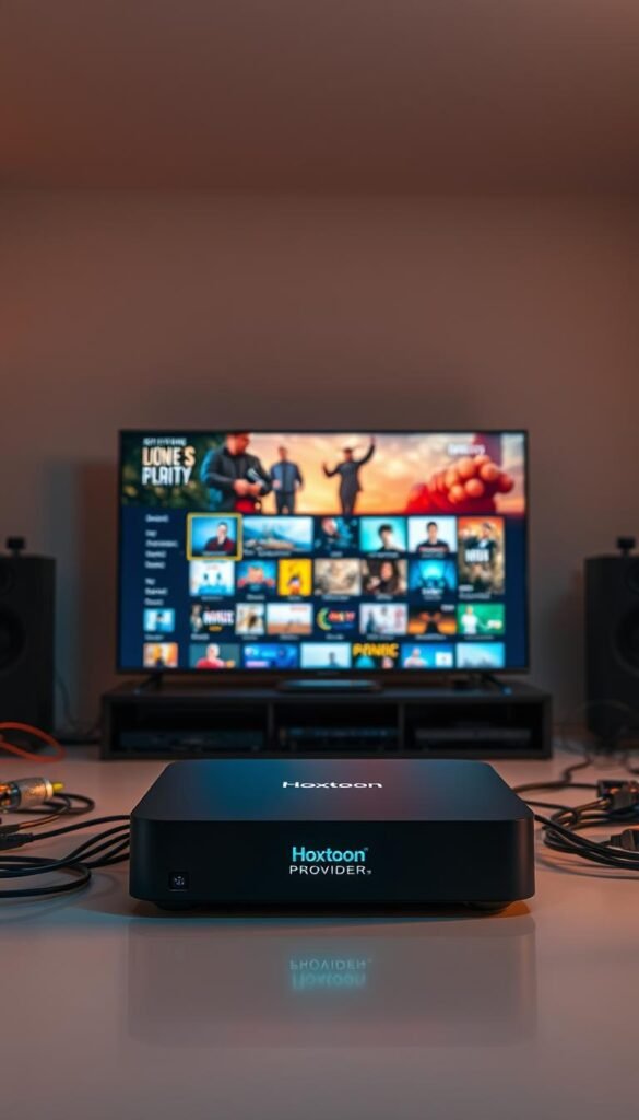 High-quality IPTV providers streaming content with exceptional clarity and resolution. In the foreground, a sleek, modern media device with the Hoxtoon Provider brand prominently displayed. The device is surrounded by various high-tech components, cables, and networking equipment, suggesting advanced technical capabilities. In the middle ground, a vibrant display showcasing a diverse range of live TV channels, movies, and on-demand content, all rendered in vivid detail. The background is a minimalist, clean space with a subtle gradient, emphasizing the sophisticated and professional nature of the IPTV service. Warm, directional lighting creates depth and highlights the technological elements, while a slightly cinematic tone evokes a sense of immersion and premium quality.
