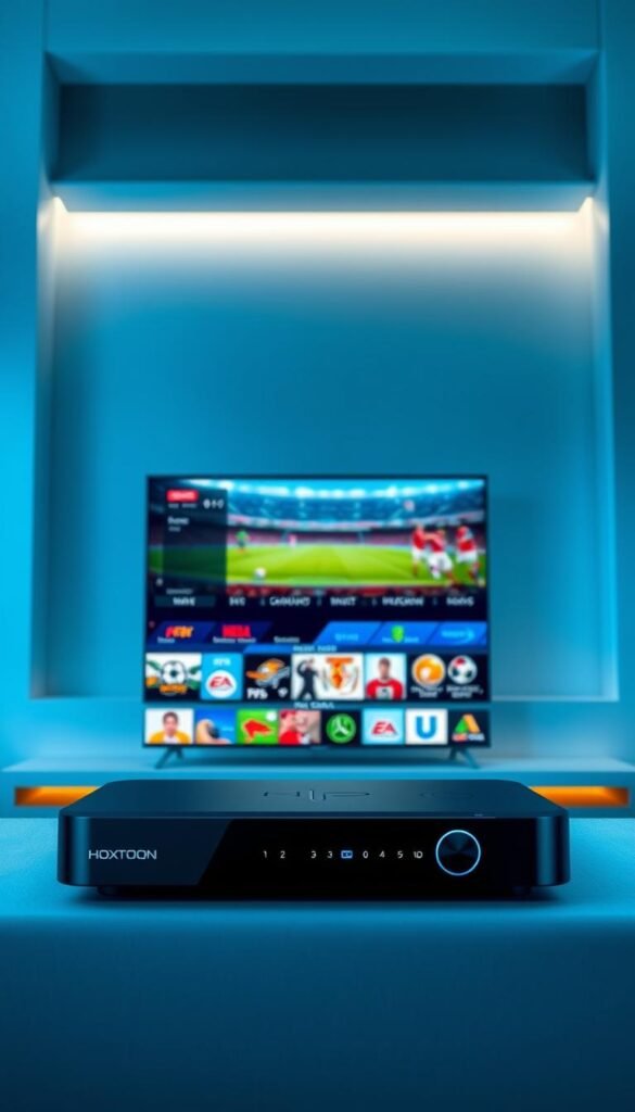 High-quality, crystal-clear sports channels on a sleek, modern IPTV device - a dynamic scene showcasing the Hoxtoon Provider's premium streaming capabilities. In the foreground, a state-of-the-art Hoxtoon media player displays various sports programming in vibrant 4K resolution, with fast, responsive controls. The middle ground features an array of sports icons, logos, and metaphorical visual cues, conveying the breadth of content available. In the background, a softly-lit, minimalist environment creates a sense of technological sophistication. Dramatic lighting, clean lines, and a cool color palette combine to present Hoxtoon Provider as a sleek, high-performance IPTV solution for sports enthusiasts.