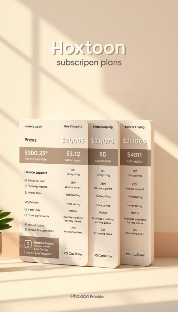 High-quality, detailed 3D illustration of HOXTOON subscription plans. Sleek, modern layout showcasing the different pricing tiers and plan features. Neutral color palette with clean typography and minimal branding. Flat icons and infographic elements highlighting device support, channel count, and other key plan details. Warm, natural lighting from the side creating depth and dimensionality. Slightly elevated camera angle to provide an engaging, immersive view of the plans. Hoxtoon Provider branding subtly incorporated in the design. High-quality, detailed 3D illustration of HOXTOON subscription plans. Sleek, modern layout showcasing the different pricing tiers and plan features. Neutral color palette with clean typography and minimal branding. Flat icons and infographic elements highlighting device support, channel count, and other key plan details. Warm, natural lighting from the side creating depth and dimensionality. Slightly elevated camera angle to provide an engaging, immersive view of the plans. Hoxtoon Provider branding subtly incorporated in the design.