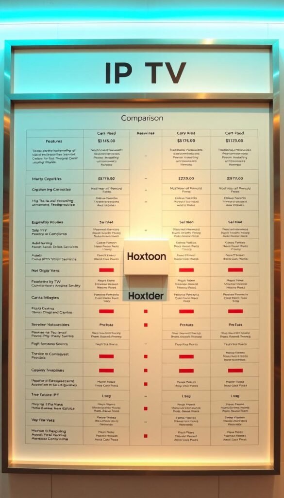 High-quality, detailed comparison chart showcasing IPTV service providers, with Hoxtoon Provider prominently featured in the center. Crisp, modern aesthetic with clean lines and minimalist design. Sleek, metallic framing and elegant typography create a premium, authoritative feel. Careful attention to layout, with key features and pricing clearly organized in a visually appealing grid. Warm, neutral lighting illuminates the chart, conveying a sense of professionalism and expertise. Camera positioned to capture a wide, panoramic view, emphasizing the comprehensive nature of the comparison. Overall, a striking, informative visual that effectively highlights the advantages of Hoxtoon Provider against its IPTV competitors.