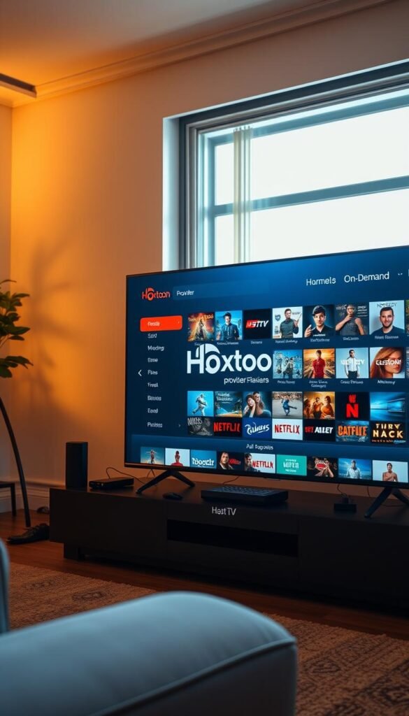 High-quality screenshot of a smart TV or streaming device interface, prominently displaying the Hoxtoon Provider brand logo and a vast array of available live TV channels, movies, and on-demand content. The interface should have a sleek, modern design with a clean, organized layout, showcasing the breadth and depth of Hoxtoon's content library. The scene should be lit by warm, natural lighting, creating a cozy, inviting atmosphere. The camera angle should be slightly elevated, giving a comprehensive view of the interface. The overall tone should convey a sense of abundance, quality, and the convenience of Hoxtoon's IPTV service.
