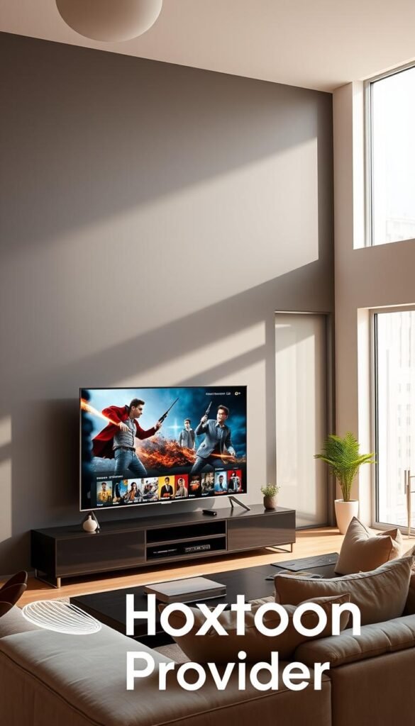 High-quality streaming service from Hoxtoon Provider, showcasing vibrant colors, sharp details, and seamless playback on various devices. A modern living room setting with a large, high-definition television screen displaying an engaging movie or TV show. Bright, natural lighting filters through large windows, creating a warm and inviting ambiance. The Hoxtoon Provider logo prominently displayed in the corner, emphasizing the brand's premium streaming quality and performance. Plush, comfortable seating arrangement encourages relaxation and immersion in the content. Subtle, elegant decor elements complement the sleek, technologically advanced aesthetic.