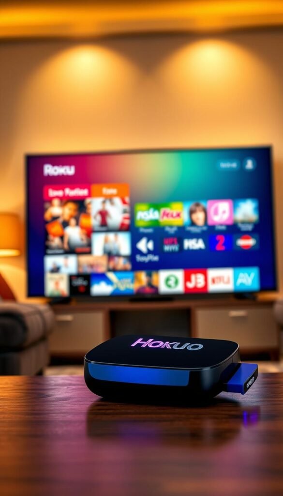 Highly detailed and photorealistic image of the Hoxtoon Provider IPTV service on a Roku TV streaming device. The Roku device is prominently displayed in the foreground, with its sleek and modern design. The Hoxtoon logo is clearly visible on the device, with a glowing and vibrant effect. In the middle ground, a large and vivid IPTV interface is shown, featuring a wide range of content options and channels. The background showcases a cozy living room setting, with warm lighting and plush furniture, creating a comfortable and inviting atmosphere. The image conveys the premium quality and user-friendly experience of the Hoxtoon IPTV service on the Roku platform.