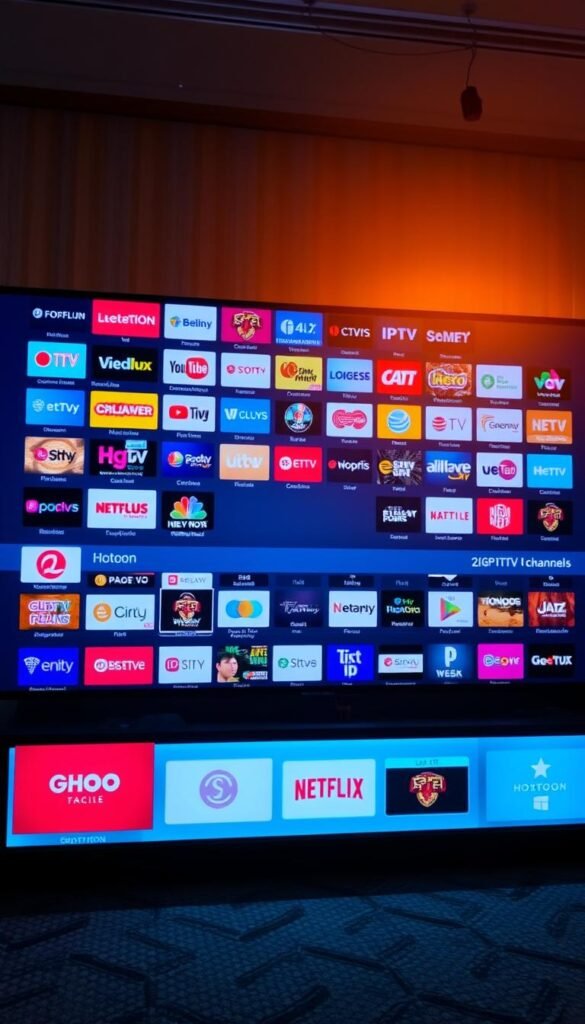 Hoxtoon Provider: A large screen displaying a diverse array of IPTV channels, showcasing Hoxtoon's expansive content library. The screen is illuminated by warm, cinematic lighting, casting a cozy glow across the scene. In the foreground, various channel logos and thumbnails are prominently displayed, hinting at the wealth of entertainment options available. The middle ground features a clean, minimalist interface, emphasizing the user-friendly design of the Hoxtoon platform. In the background, a subtle pattern or texture adds depth and visual interest, creating a sense of immersion. The overall atmosphere conveys the breadth and quality of Hoxtoon's IPTV service, inviting the viewer to explore its vast array of channels and content.