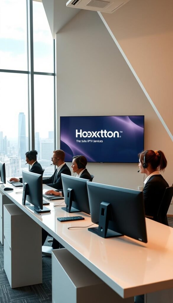 Hoxtoon Provider: A professional, modern office setting with a large window overlooking a bustling city skyline. In the foreground, a team of customer service representatives are sitting at sleek, minimalist desks, engaged in friendly conversations with clients over headsets. The lighting is warm and inviting, creating a sense of reliability and trustworthiness. In the middle ground, a large display screen showcases the Hoxtoon brand and its suite of IPTV services, projecting an image of technological sophistication. The background features clean, geometric architectural elements, conveying a sense of stability and dependability. The overall atmosphere exudes professionalism, efficiency, and a commitment to customer satisfaction.