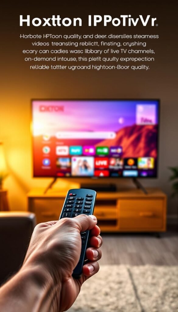 Hoxtoon Provider: A robust IPTV service with seamless HD video streaming, crystal-clear audio, and a user-friendly interface. Illuminated by warm, natural lighting, the service's sleek interface showcases a clean, modern design. In the foreground, a hand holds a remote control, symbolizing the effortless control over a vast library of live TV channels and on-demand content. The middle ground features a smart TV displaying vibrant, high-quality video, while the background showcases a cozy, inviting living room setting, reflecting the reliable and immersive viewing experience Hoxtoon Provider delivers.