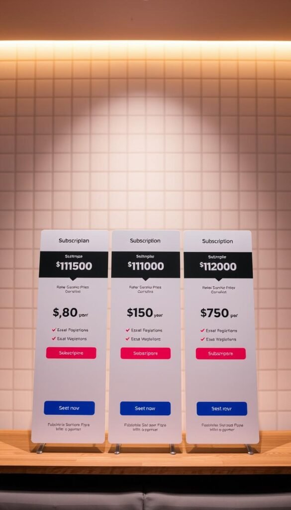 Hoxtoon Provider: A sleek and modern subscription plans display for an IPTV service. The foreground features a clean, minimalist design with three distinct pricing tiers, each highlighted by a bold, attention-grabbing card. The middle ground showcases a subtle background grid pattern, lending a sense of structure and organization. The lighting is soft and warm, creating a welcoming and professional atmosphere. The overall composition is balanced, with a focus on showcasing the key subscription details in a visually appealing manner. The angle is slightly elevated, giving the viewer a comprehensive overview of the service offerings.