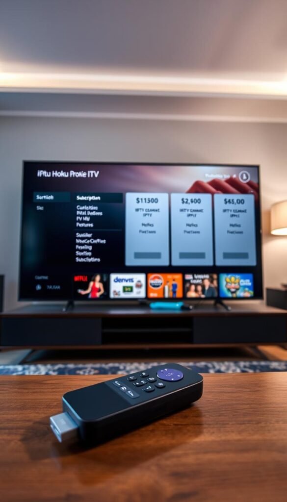 Hoxtoon Provider: A sleek and modern user interface showcasing their IPTV subscription plans on a Roku TV. In the foreground, a Roku device and remote control are prominently displayed, highlighting the seamless integration. The middle ground features a grid of subscription options, each with clear pricing and feature details. The background depicts a sophisticated living room setting, conveying a sense of comfort and entertainment. The image is captured with a wide-angle lens, creating a sense of depth and emphasizing the comprehensive nature of the Hoxtoon offering. The lighting is soft and inviting, setting an atmospheric mood that complements the premium IPTV service.