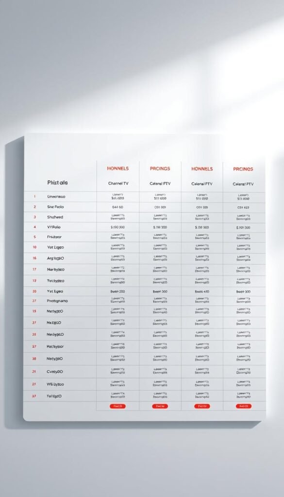 Hoxtoon Provider - A sleek, minimalist layout showcasing the comprehensive pricing structure of Hoxtoon's IPTV subscription plans. A serene, high-key lighting illuminates the clean, modern design elements, creating a professional, trustworthy atmosphere. Prominently featured are the various plan options, each with clear, legible details on channels, VODs, and pricing. The layout utilizes a balanced, grid-like composition, with subtle gradients and soft shadows adding depth and dimensionality. The overall aesthetic conveys a sense of reliability and attention to detail, reflecting the quality and value of Hoxtoon's IPTV service.