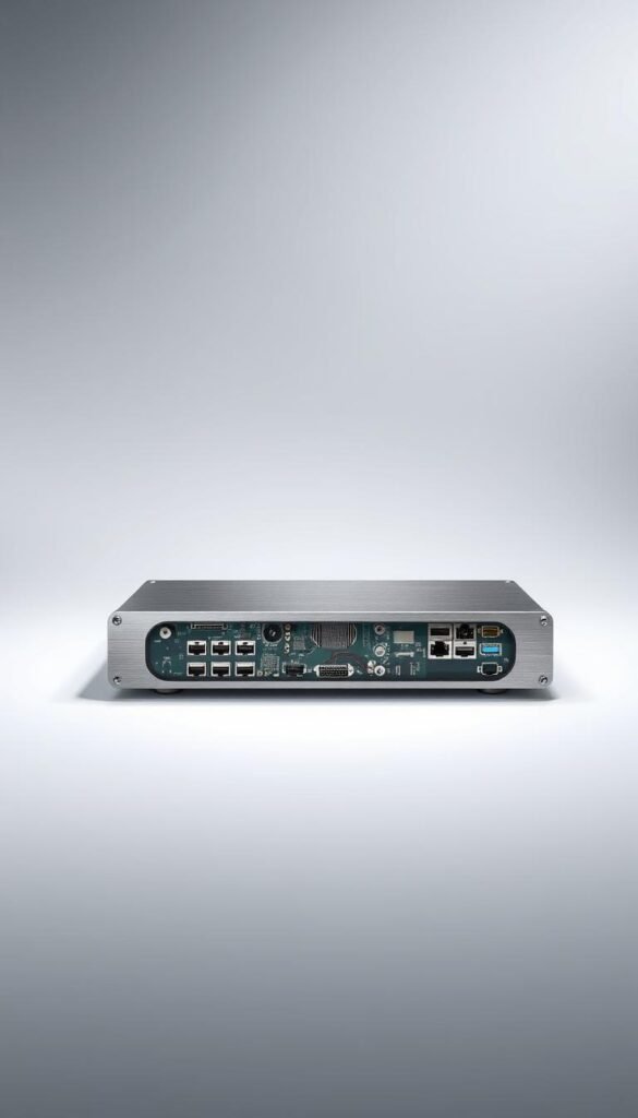 Hoxtoon Provider: A sleek, modern IPTV encoder device set against a minimalist background. The encoder is centered, its clean lines and brushed metal finish reflecting the soft lighting. Intricate circuit boards and electronic components are visible through the transparent casing, hinting at the advanced technology within. The background is a simple gradient, allowing the device to be the focal point. The scene conveys a sense of efficiency, reliability, and the cutting-edge nature of the Hoxtoon IPTV streaming solution.