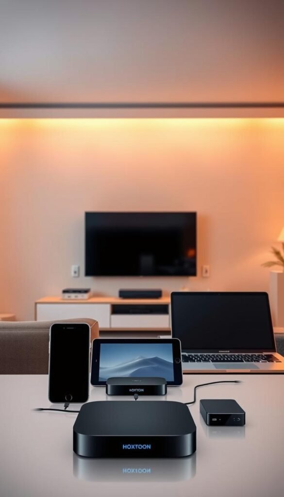 Hoxtoon Provider: A sleek, modern living room with a large flatscreen TV taking center stage. In the foreground, an array of smart devices - a smartphone, tablet, laptop, and streaming box - are seamlessly connected, showcasing the multi-device compatibility of the Hoxtoon IPTV service. Warm, indirect lighting illuminates the scene, creating a cozy and inviting atmosphere. The background features minimalist decor and neutral tones, allowing the devices to be the focal point. The overall composition conveys the convenience and versatility of the Hoxtoon IPTV solution, enabling users to enjoy their favorite content on multiple devices simultaneously.