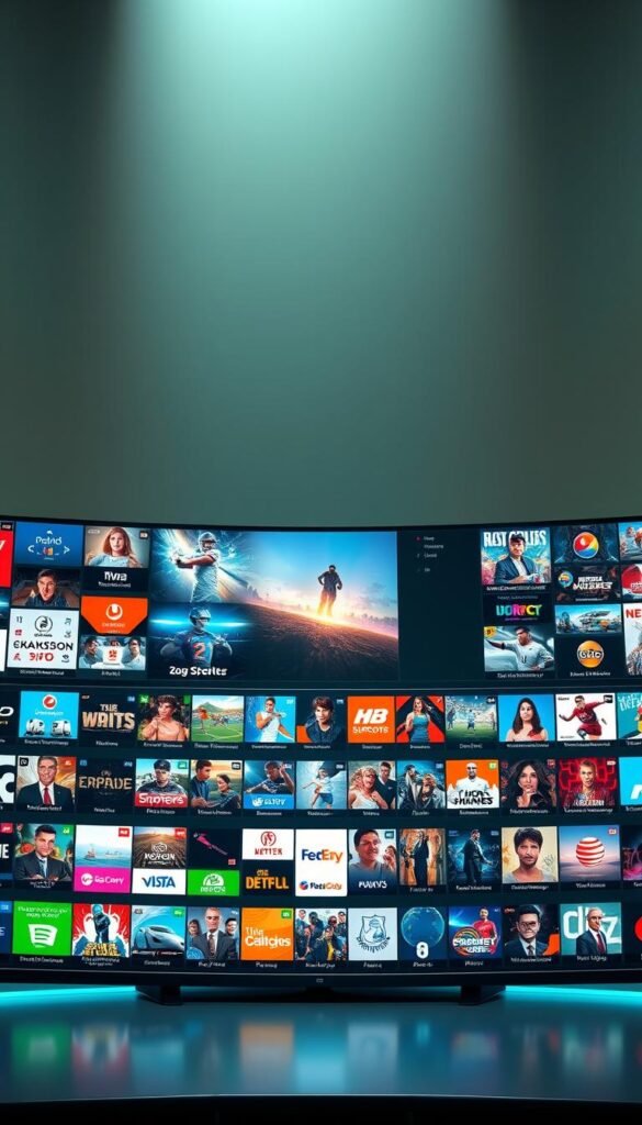 Hoxtoon Provider: A sprawling display of IPTV channels on a sleek, futuristic interface. In the foreground, a dynamic grid of icons representing various content categories - sports, movies, news, and more. The middle ground showcases vibrant, high-definition thumbnails of popular live channels, while the background features a subtle, gradient-based abstract design that evokes a sense of technological sophistication. Soft, diffused lighting creates a calming, immersive atmosphere, inviting the viewer to explore Hoxtoon's vast, content-rich ecosystem. The overall composition conveys a sense of abundance, accessibility, and cutting-edge entertainment at the user's fingertips.