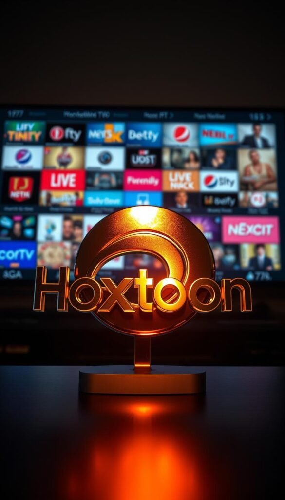 Hoxtoon Provider: A striking, photorealistic image showcasing the Hoxtoon IPTV service brand. Prominent in the foreground, the Hoxtoon logo shines with a metallic, chrome-like finish, casting a warm, reflective glow. The background features a sleek, modern interface displaying a diverse array of IPTV channels, rendered in crisp detail. Subtle lighting accentuates the depth and texture of the scene, creating a sense of depth and immersion. The overall composition conveys the power, reliability, and comprehensive nature of the Hoxtoon IPTV offering, suitable for illustrating its position as a leading provider in the USA.
