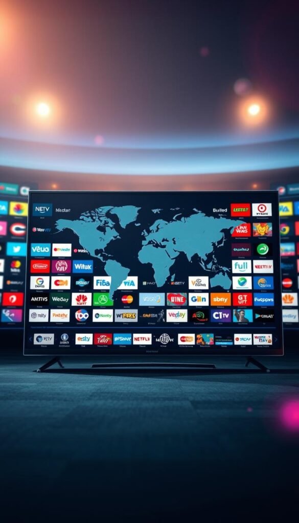Hoxtoon Provider IPTV Subscription: a vast digital landscape of entertainment. In the foreground, a sleek, modern television screen showcases a vibrant array of channel logos, reflecting the breadth of content available. The middle ground features a stylized world map, hinting at the global reach of the service. Backlit by a warm, cinematic glow, the scene conveys a sense of accessibility and connectivity. Subtle lens flares and a shallow depth of field add depth and drama, elevating the presentation. The overall mood is one of immersion, inviting the viewer to imagine the endless possibilities of a 1-year IPTV subscription with Hoxtoon Provider.