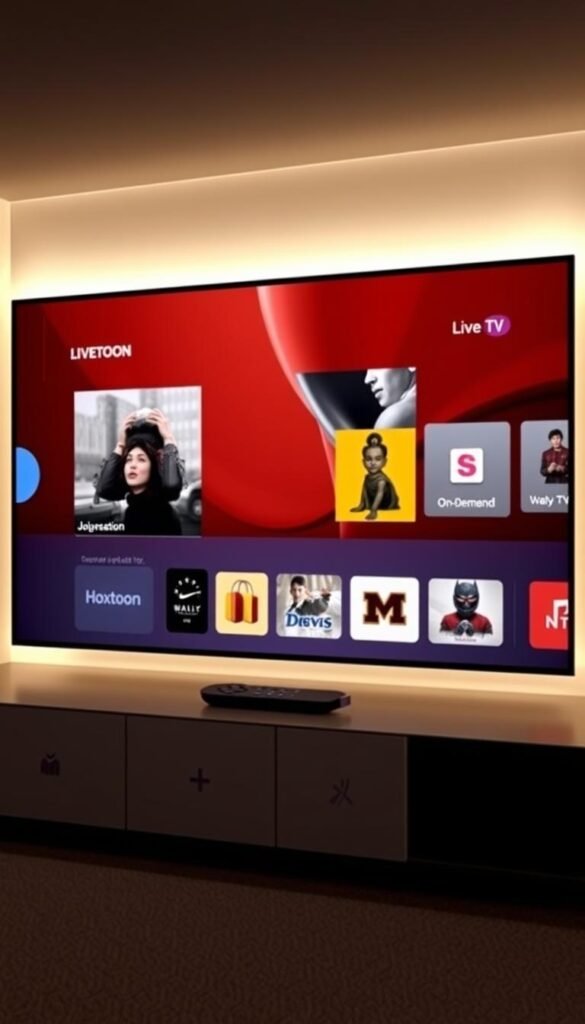 Hoxtoon Provider Roku TV interface with a sleek, modern design. A large central window showcases popular live TV channels and on-demand content, surrounded by a clean grid of app icons. Subtle lighting illuminates the interface, creating a warm and inviting atmosphere. The layout is intuitive and user-friendly, with clear categorization and intuitive navigation. The Hoxtoon branding is tastefully integrated, adding a touch of sophistication. High-resolution graphics and smooth animations provide a premium viewing experience. The overall interface conveys a sense of quality, reliability, and attention to detail that Hoxtoon is known for.