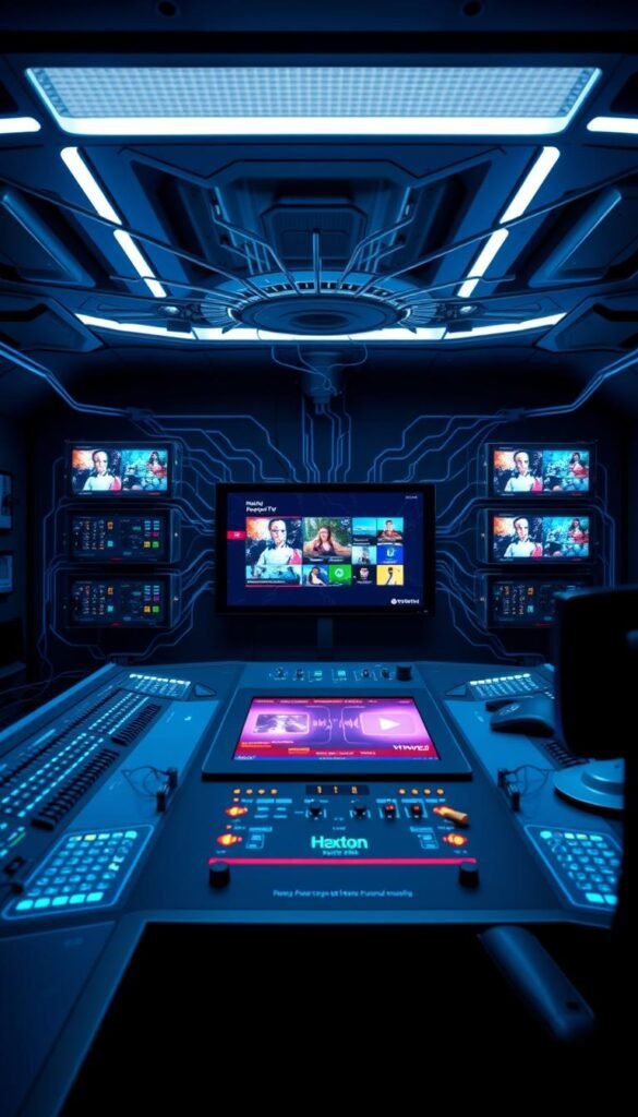 Hoxtoon Provider: a sleek, futuristic control panel displaying an intricate web of IPTV connections, with a central display showcasing a vivid, high-definition catch-up TV interface. The room is dimly lit, creating a dramatic atmosphere, with a cool, blue-hued lighting that highlights the advanced technology. The camera angle is slightly elevated, creating a sense of scale and importance. The overall scene conveys the power and sophistication of this cutting-edge IPTV service, ready to deliver seamless catch-up TV experiences.