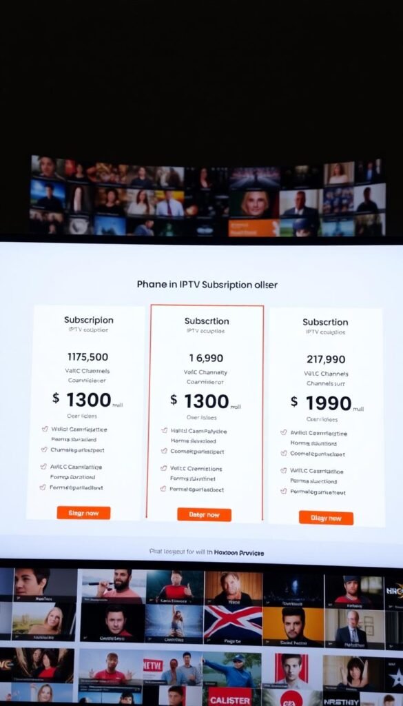Hoxtoon Provider - a sleek, modern website displaying subscription plans for an IPTV service. The foreground features three different plan options, each with a clear price, channels count, and feature breakdown. The middle ground showcases an array of high-quality video thumbnails, hinting at the diverse content available. In the background, a subtle pattern or abstract design creates a visually appealing and cohesive layout. The lighting is soft and directional, highlighting the key information while maintaining a clean, professional aesthetic. The camera angle is slightly elevated, giving the impression of an organized, well-presented offering. The overall mood is one of clarity, accessibility, and the promise of a comprehensive IPTV experience.