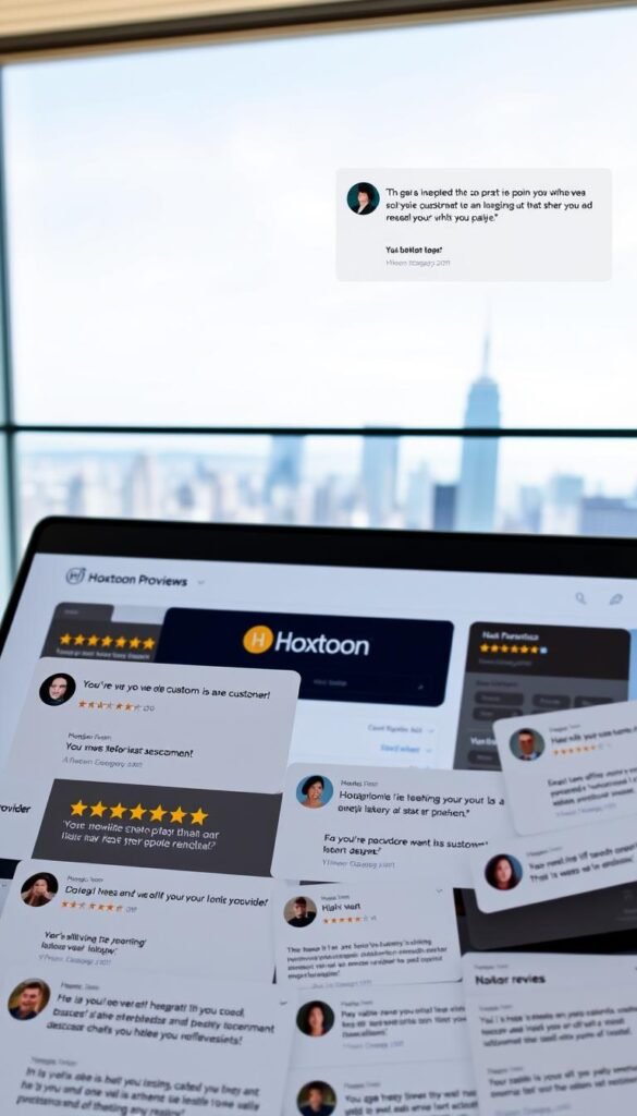 Hoxtoon Provider customer reviews displayed on a sleek, modern website interface. The foreground features a collage of customer testimonials with positive sentiments and five-star ratings. The middle ground showcases a well-designed dashboard or app UI with Hoxtoon branding, highlighting its user-friendly features. In the background, a subtle city skyline or landscape provides a sense of context. The lighting is soft and natural, creating a welcoming and trustworthy atmosphere. The image conveys a sense of reliability, customer satisfaction, and the high-quality service Hoxtoon Provider offers.