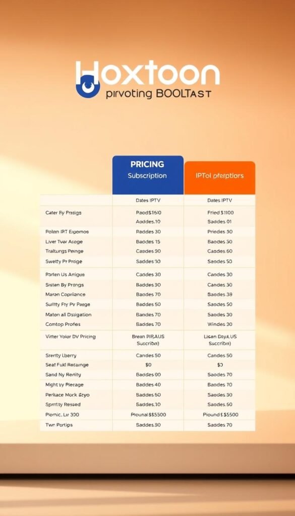 Hoxtoon Provider pricing plans presented in a sleek and organized manner, showcasing their various subscription options. A clean, minimalist table layout in warm tones, with clear pricing details and plan features. The background is a soft, blurred gradient, drawing focus to the central pricing information. Lighting is gentle and diffused, creating a professional, high-quality aesthetic. The composition is balanced, with the Hoxtoon Provider branding prominently displayed at the top. The overall mood is one of clarity, reliability, and accessibility, reflecting the IPTV service's targeted approach to the US market.
