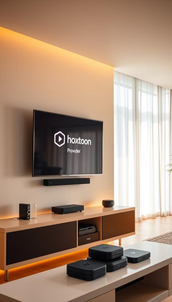 Hoxtoon Provider smart TV setup, a sleek and modern interior with a large flat-screen television mounted on the wall. The TV screen displays the Hoxtoon logo, indicating the device is configured and ready for streaming. In the foreground, a minimalist entertainment unit houses various streaming devices, neatly organized and connected. Warm, ambient lighting creates a cozy and inviting atmosphere, while large windows in the background allow natural light to filter in, creating a bright and airy space. The scene conveys a sense of technology seamlessly integrated into a comfortable home environment, ready to provide a premium IPTV experience. Hoxtoon Provider smart TV setup, a sleek and modern interior with a large flat-screen television mounted on the wall. The TV screen displays the Hoxtoon logo, indicating the device is configured and ready for streaming. In the foreground, a minimalist entertainment unit houses various streaming devices, neatly organized and connected. Warm, ambient lighting creates a cozy and inviting atmosphere, while large windows in the background allow natural light to filter in, creating a bright and airy space. The scene conveys a sense of technology seamlessly integrated into a comfortable home environment, ready to provide a premium IPTV experience.