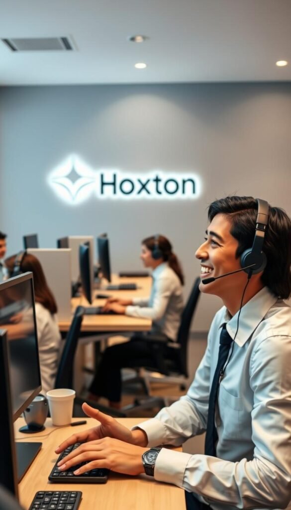 Hoxtoon Provider's customer support team, seated at their desks in a modern, well-lit office. In the foreground, an employee in a crisp white shirt and navy tie warmly greets a customer, gesturing with a welcoming smile. The middle ground features a row of cubicles, each occupied by a focused representative, their fingers dancing across keyboards as they address inquiries. The background showcases a sleek, minimalist design with Hoxtoon's logo prominently displayed on the wall, conveying a sense of professionalism and reliability. Warm, indirect lighting casts a subtle glow, creating a calm and approachable atmosphere.