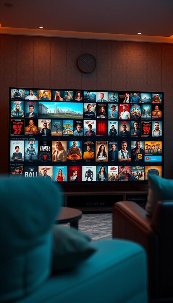 Hoxtoon Provider's expansive VOD library, showcased in a sleek and modern interface. A vast array of movies, TV shows, and documentaries illuminated by warm lighting, presented on a large flat-screen display in a cozy, living room-inspired setting. Subtle film-reel motifs and digital streaming icons add depth, while a sense of depth and dimensionality is achieved through the use of a shallow depth of field. The overall atmosphere conveys a premium, high-quality entertainment experience tailored for discerning viewers.