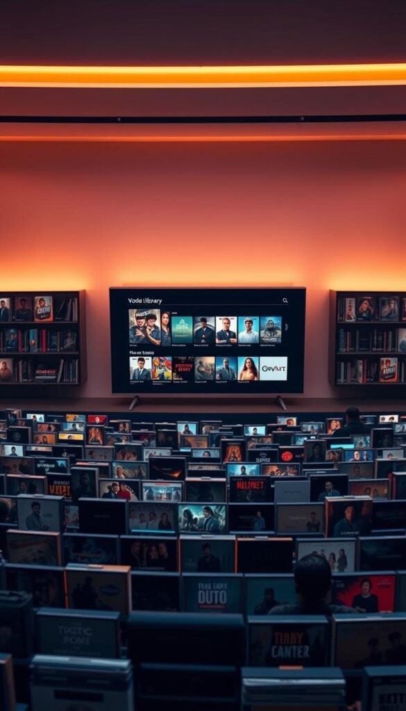 Hoxtoon Provider's expansive VOD library, showcased in a sleek and visually captivating manner. The foreground depicts a vast collection of film and television thumbnails, meticulously organized and presented against a backdrop of a minimalist user interface. The middle ground features a central display showcasing a curated selection of popular titles, their artwork and descriptions inviting the viewer to explore the diverse content. In the background, a subtle gradient adds depth and a sense of sophistication, complementing the overall cinematic ambiance. The scene is illuminated by warm, directional lighting, casting subtle shadows and highlights that enhance the visual appeal. The composition is balanced, drawing the eye seamlessly through the various layers of the image, effectively conveying the breadth and quality of Hoxtoon Provider's video-on-demand offerings.