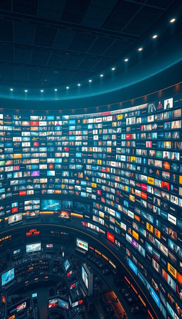 Hoxtoon Provider's massive content library, a vast digital oasis teeming with over 21,000 captivating channels and 150,000+ video-on-demand titles. Capture the grandeur of this expansive IPTV ecosystem, rendered in a stunning 4K cinematic vista. Showcase the diversity of genres, from blockbuster movies to niche documentaries, all elegantly curated and accessible at the fingertips. Depict the library's sleek, intuitive interface, inviting exploration through a symphony of vivid imagery and smooth navigation. Bathe the scene in warm, cinematic lighting, drawing the viewer's gaze towards the library's boundless multimedia riches. Craft a sense of depth and scale, conveying the sheer scope of Hoxtoon Provider's unparalleled content offerings.