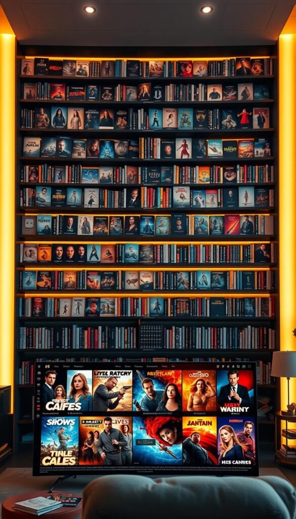 Hoxtoon Provider's vast and diverse content library, a captivating blend of high-definition movies, TV shows, live channels, and exclusive content. An expansive entertainment hub, meticulously curated to cater to every viewer's taste. Warm, inviting lighting illuminates the shelves, showcasing the vast array of titles. Sleek, minimalist design frames the seamless user interface, inviting exploration. In the foreground, a central display showcases the latest blockbuster releases, their vibrant posters enticing the viewer. Ambient background elements suggest a cozy, living room-like setting, enhancing the immersive viewing experience. Cinematic angles and a focus on depth of field draw the eye through the layered composition, highlighting the depth and breadth of the Hoxtoon Provider's unparalleled content offerings.