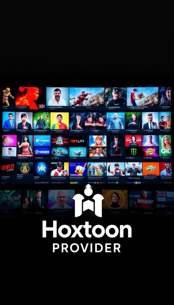 Intricate digital display showcasing a diverse array of IPTV channels, crisp and vivid, illuminated by a soft, directional lighting that enhances the depth and clarity of the imagery. The channels are organized into distinct categories, each with its own unique iconography and color scheme, creating a visually striking and intuitive interface. In the foreground, the Hoxtoon Provider logo stands out prominently, its sleek design and bold typography conveying a sense of professionalism and reliability. The middle ground features a curated selection of premium content channels, their thumbnails and descriptions enticing the viewer to explore further. The background is a subtle, yet captivating, gradient that adds depth and dimension to the overall composition, drawing the eye towards the central focus of the IPTV channel display.
